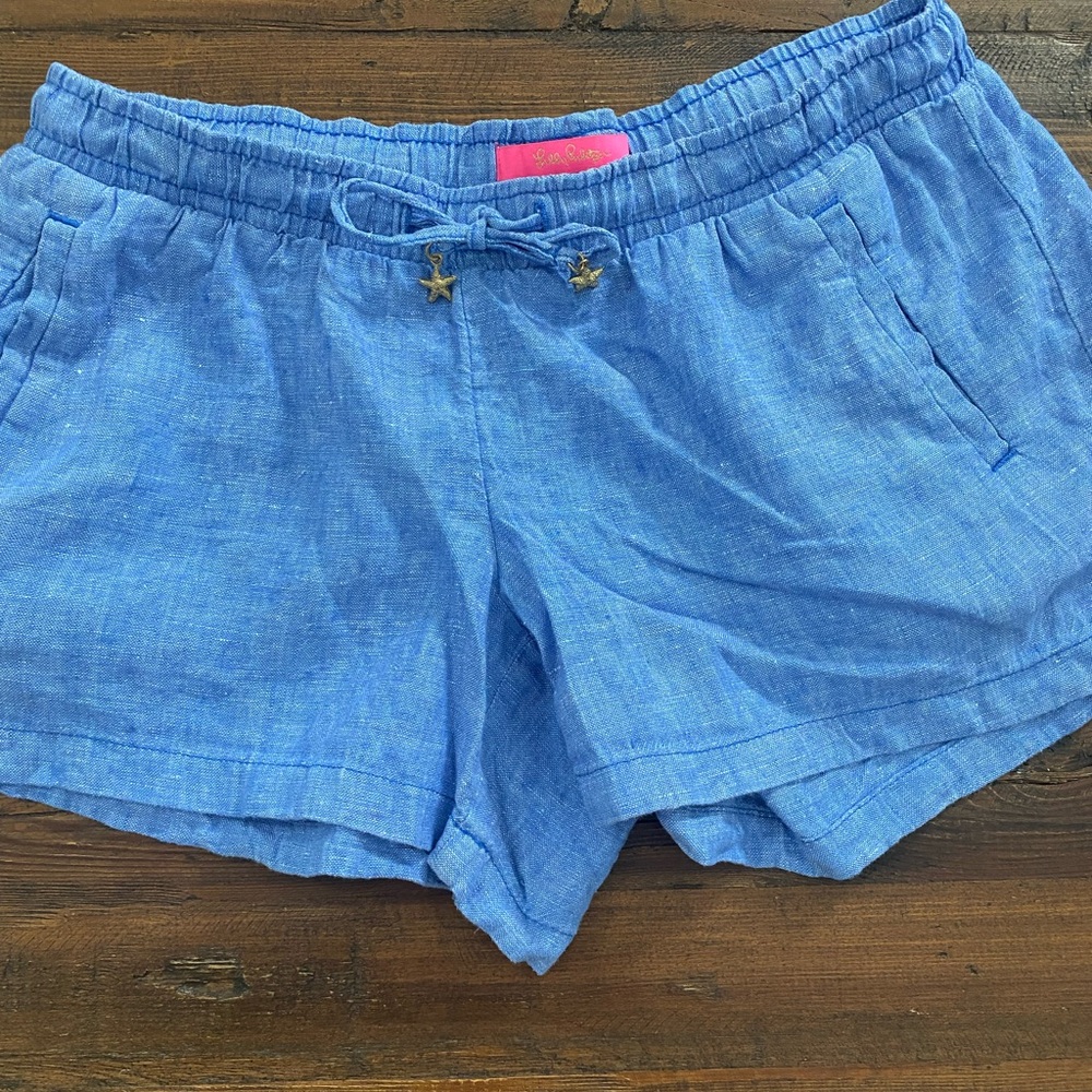 EUC 100 % linen waist band with drwstrng starfish at end of ea string 3.5 inseam